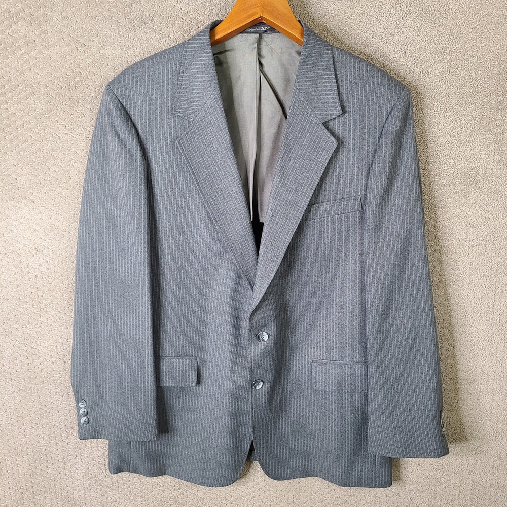 Vintage Classic Collection Jacket Men 42R Gray Striped Blazer 2 Button Suit Coat